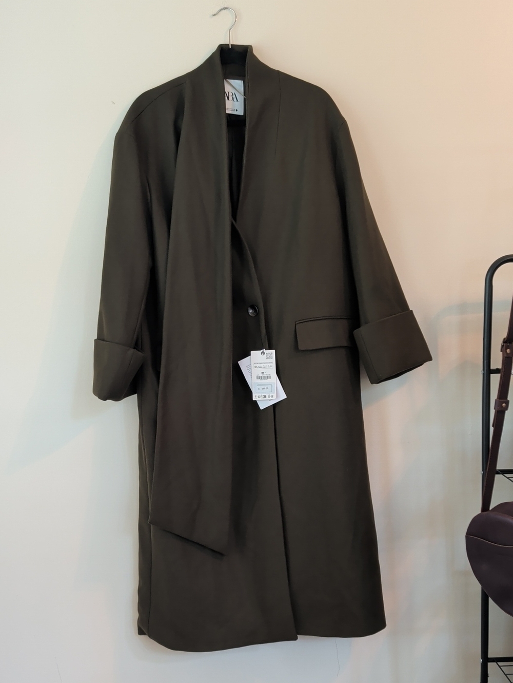 Zara Dark Olive Oversized Trench Coat with Scarf Lapel Size XS-S